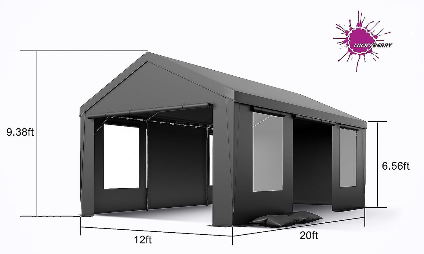 Luckyberry Heavy Duty Carport with Roll-up Ventilated Windows And Side Door