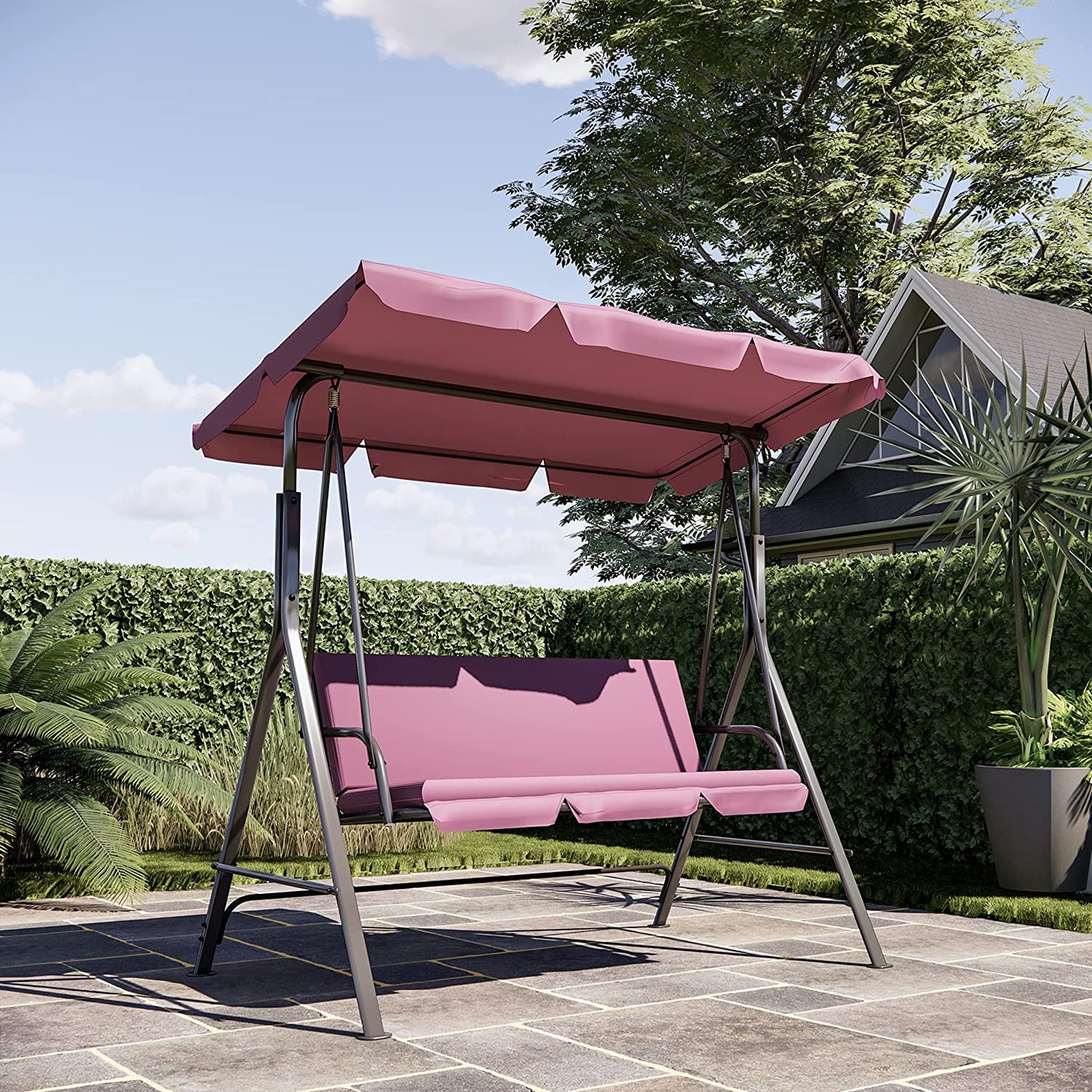 Luckyberry Swing Chair 3 Person Outdoor Canopy Swing Porch Swing with Removable Cushion and Convertible Canopy Swing Glider for Patio, Garden, Poolside, Balcony(Black)