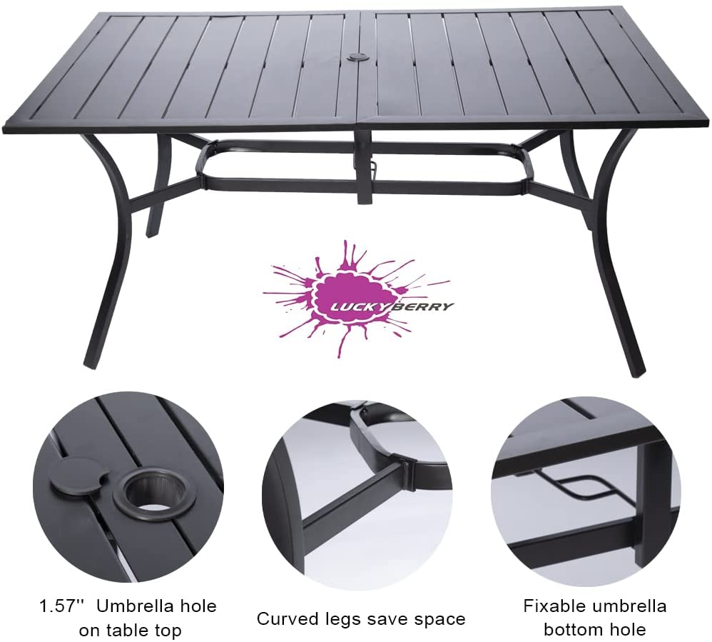 Luckyberry Patio Metal Steel Slat Dining Table Outdoor, Rectangle Patio Furniture Table with Umbrella Hole
