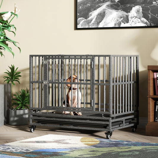 Luckyberry Heavy Duty Extra Large Indestructible Dog Crate Kennel Indoor with Lockable Wheels and Removable Tray