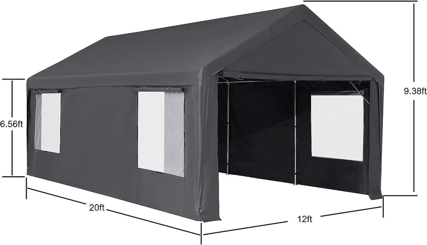 Luckyberry 12'x 20' Heavy Duty Carport with Roll-up Ventilated Windows