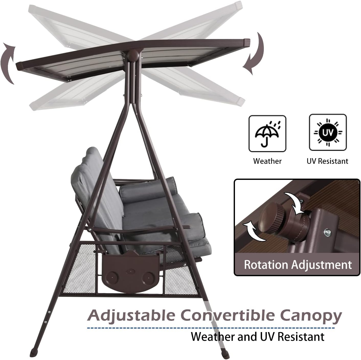 Luckberry 3 Person Outdoor Large Canopy Swing Chair With PVC Roof, Color Brown