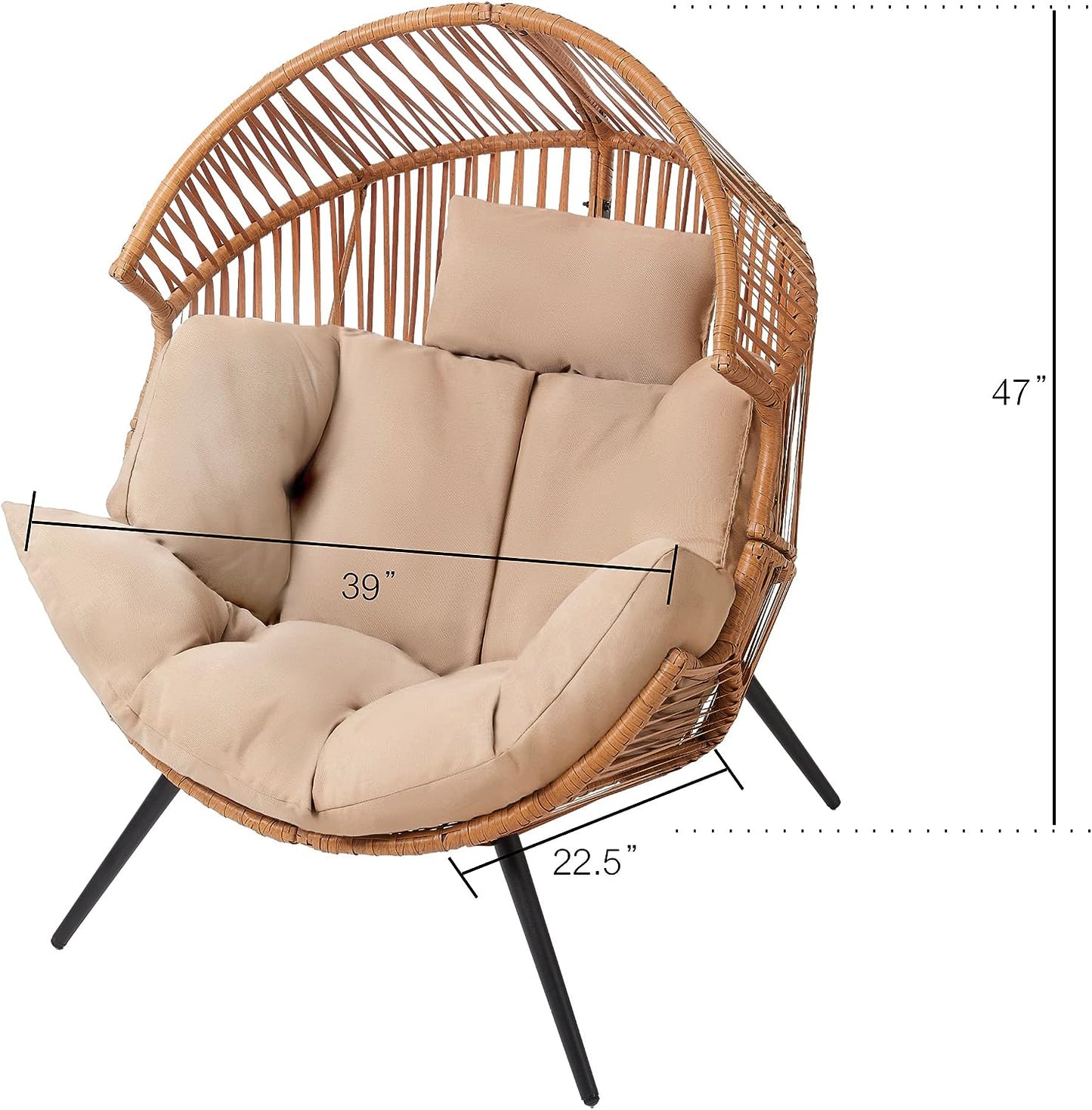 LUCKYBERRY Patio Outdoor & Indoor Egg Chair PE Rope Open Weave Egg Chair with Stand,Beige