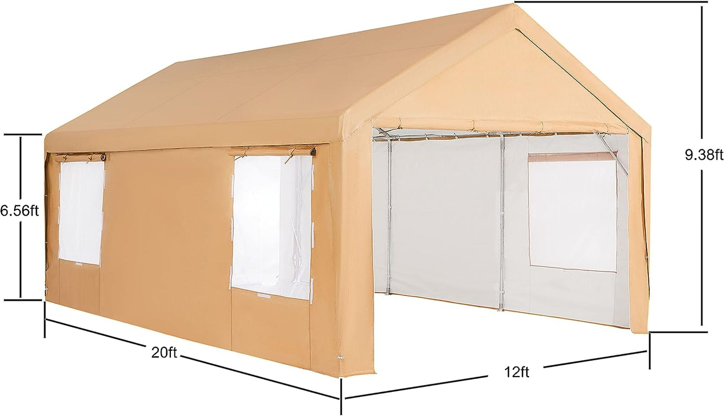 Luckyberry 12'x 20' Heavy Duty Carport with Roll-up Ventilated Windows，Beige