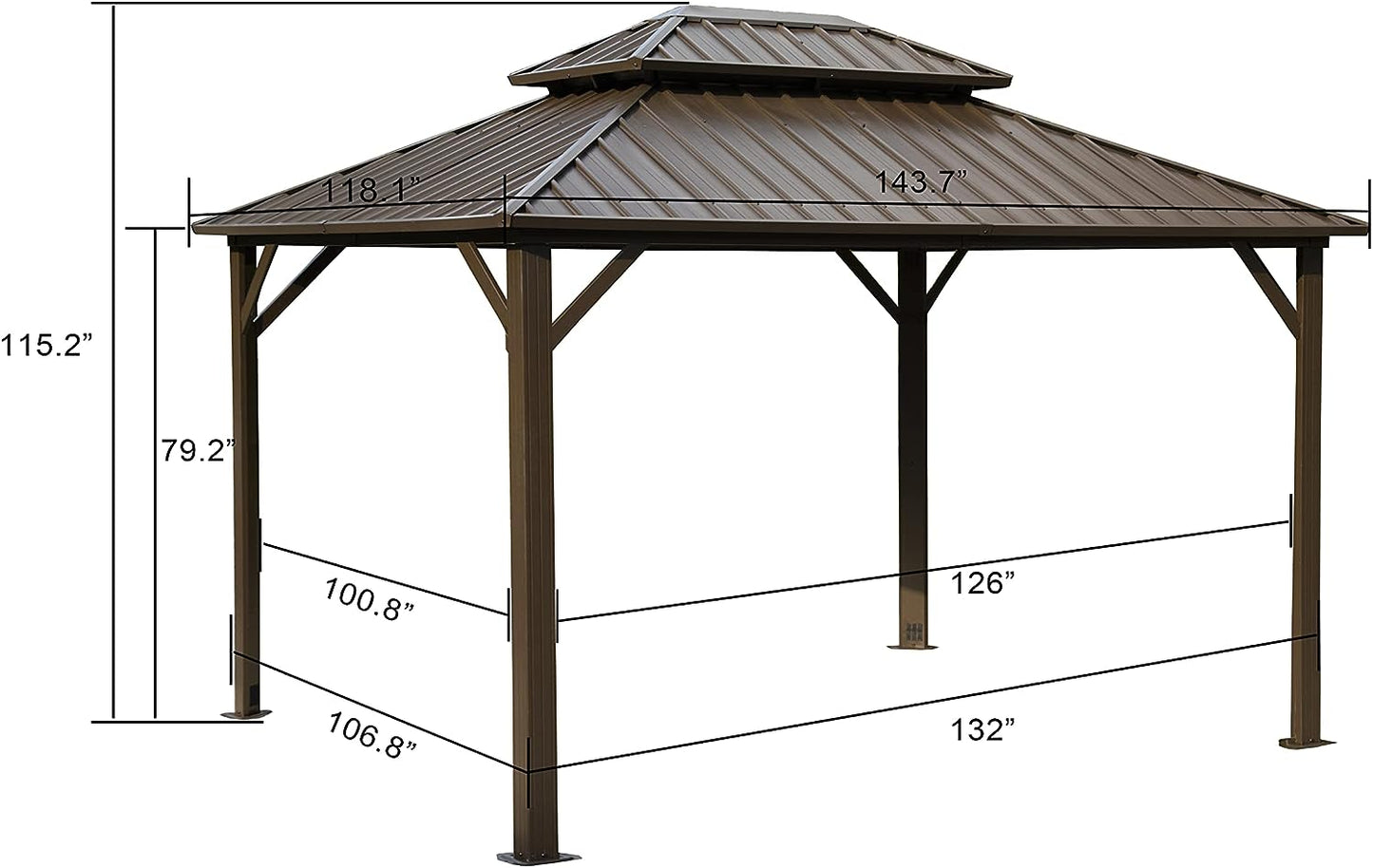 LUCKYBERRY 10 X 12 FT Galvanized Steel Hard Top Gazebo Canopy with Netting, Brown