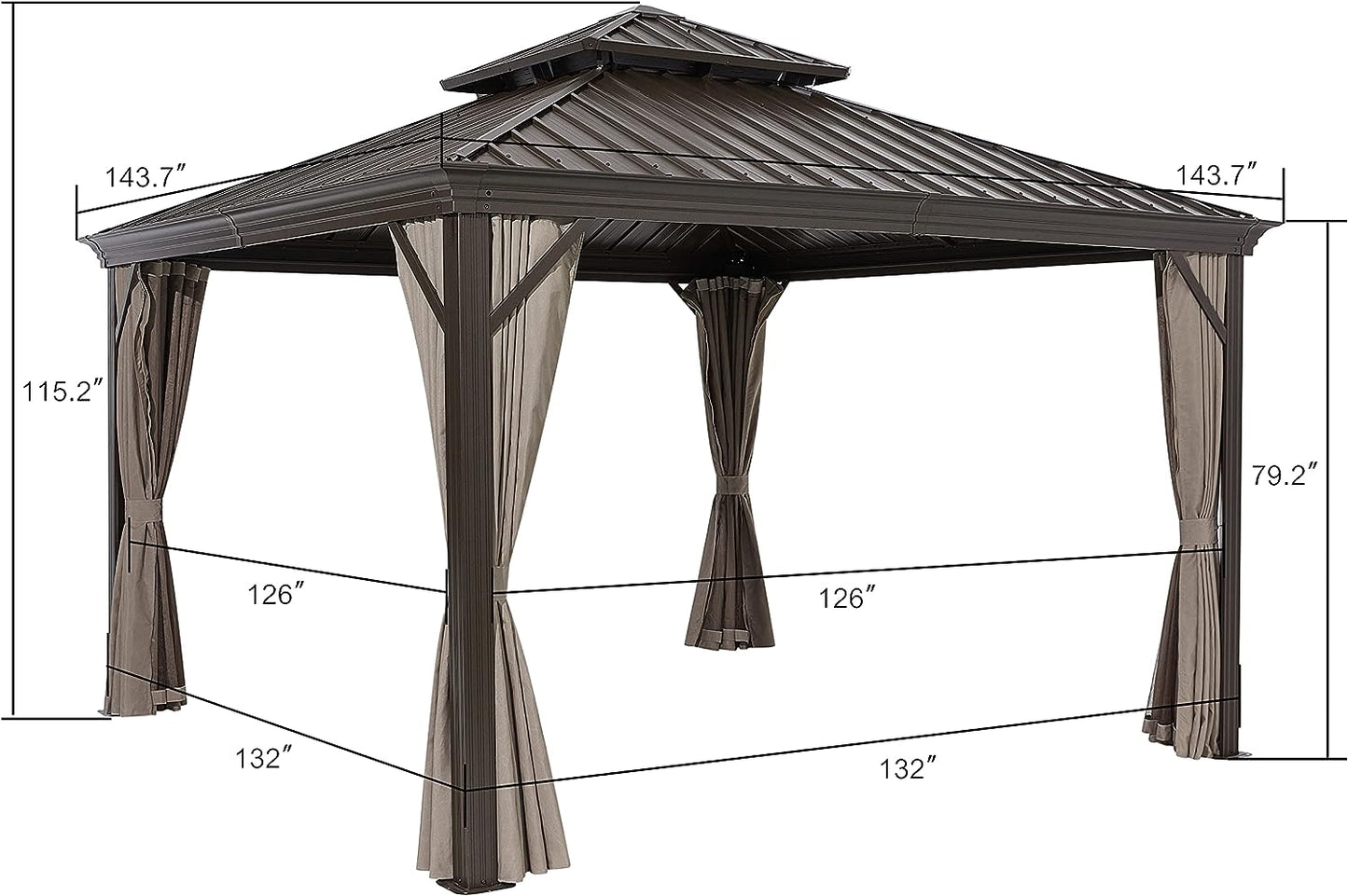 LUCKYBERRY 12 X 12 FT Galvanized Steel Hard Top Gazebo Canopy with Netting, Brown