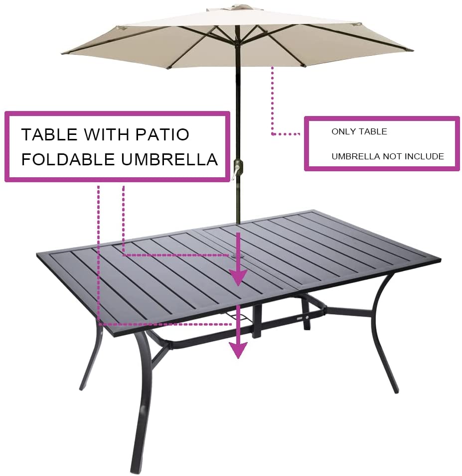 Luckyberry Patio Metal Steel Slat Dining Table Outdoor, Rectangle Patio Furniture Table with Umbrella Hole